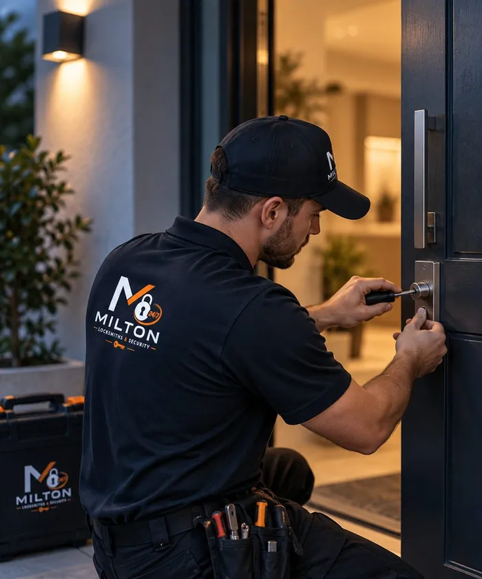 Milton Locksmith technician fitting a deadbolt on a front door